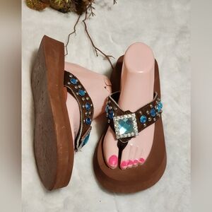 Embellished Brown Sandals with Blue Accents